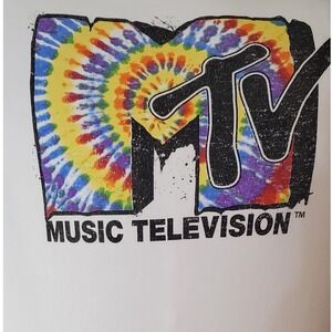 MTV Music Television Mens XL Graphic T-Shirt White Tie Dye‎ Logo Retro 90s Style